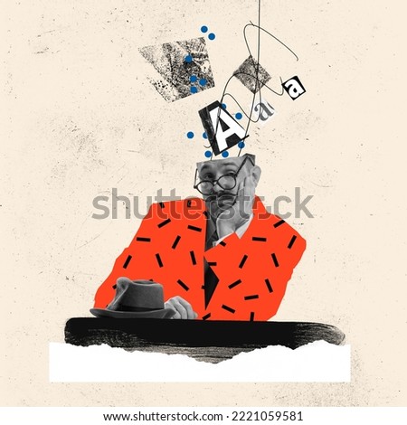 Brain wash. Young man in image of zombie with little drawn letter in his head isolated over abstract background. Mind control. Surreal contemporary art collage. Concept of fake news, propaganda, AI. Royalty-Free Stock Photo #2221059581