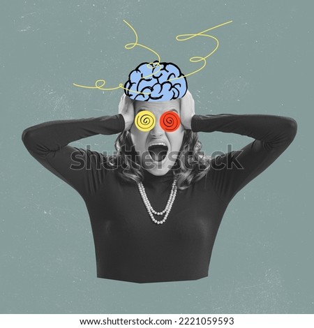 Boiling brain. Contemporary art collage, modern design. Family crises of relationship can happen at any time. Concept of male and female psychology. Emotions of angry screaming, shouting retro woman Royalty-Free Stock Photo #2221059593