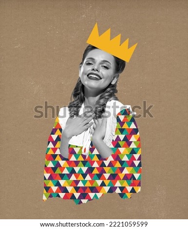Art collage or design of happy princess in crown in magazine style. Young smiling girl or abstract woman thinking or dreaming about something on colorful background. Creative artwork. Human emotions