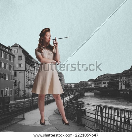 Contemporary art collage, artwork. Colorful design with retro woman in vintage city. Concept of creativity, surrealism, imagination, abstract vacation, trendy urban magazine style, fashion. Poster, ad Royalty-Free Stock Photo #2221059647