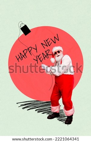 Christmas poster banner collage of funny santa claus prepare new year event use garlands on pale green color background