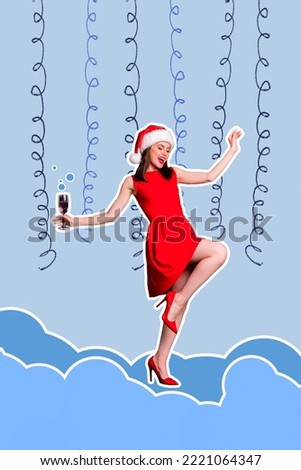 Poster collage picture of beautiful glamorous lady celebrate new year hold sparkling wine on blue decor background