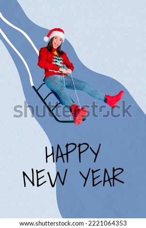 Poster image postcard collage of funny funky lady having fun ride sledge down snowy slope happy new year concept