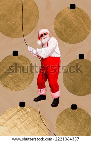 Collage advert image of funny santa claus arrange christmas event occasion with festive toys ornaments tinsels