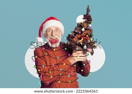 Banner poster collage brochure of funny pensioner prepare christmas party hold fir tree gift box on color background