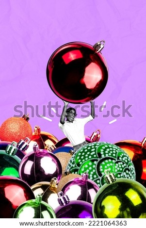 Collage photo of hard push drag big decor christmas ball girl santa crazy preparation tradition holidays isolated on green color background