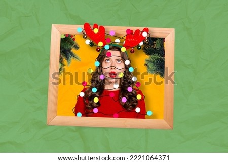 Collage photo postcard funky girl wear red headband deer horns look shocked up cadre image merry christmas isolated on green color background