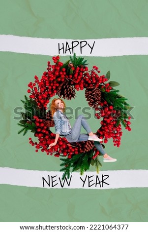 Christmas image collage of beautiful lady sit on huge pine decor wreath happy new year concept