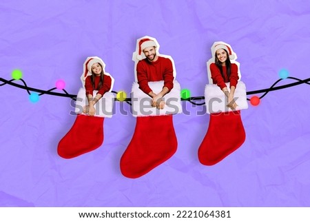 Collage photo of family creative concept present preparation christmas socks for gifts hanging garland miniature isolated on purple color background