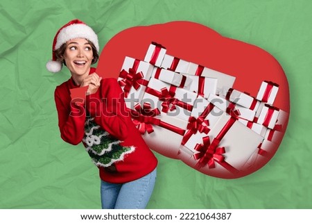 Image collage picture of lady santa claus helper carry huge gift sack christmas commercial concept on green color background