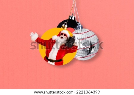 Collage photo of funny abstract creative decoration santa claus hold boombox christmas tree ball preparation isolated on pink color background