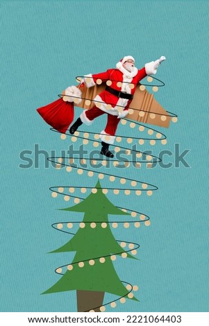 Greeting card collage season discount advert funny funky santa flying up with huge sack on drawing background