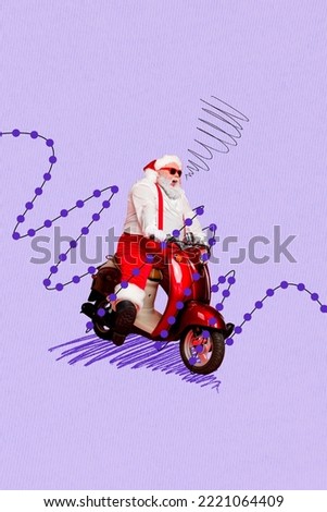 New year image collage of funny funky santa claus drive motor bike fast for christmas seasonal discounts