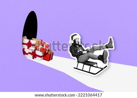 Creative collage commercial of funny girl ride sledge deliver noel eve gift packages on snow drawing background