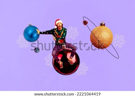 Collage photo of guy big creative decoration toys balls for christmas tree wear ugly sweater astonished holiday isolated on purple color background