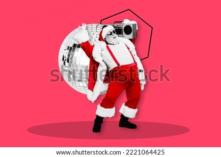 Collage photo of grandfather pensioner heavy metal listen music hold boombox discoball wear santa claus costume isolated on pink color background