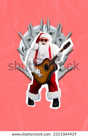 Collage poster photo banner of old pensioner grandfather wear santa costume playing rock roll guitar party invite isolated on red color background