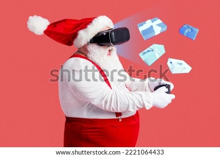 Collage photo of old age grandfather santa claus headwear costume playing joystick videogame vr spectacles gift isolated on red color background