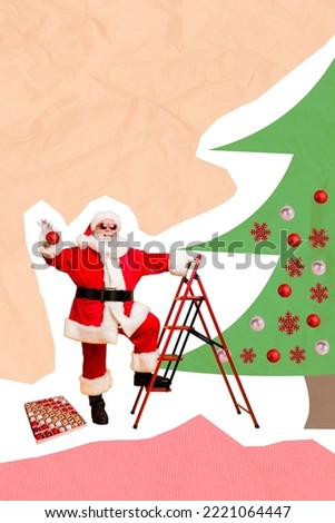 Invitation image collage of funny funky santa claus hanging christmas tree balls on creative drawing background