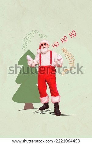 Holly jolly postcard of grandfather in santa claus costume scream ho ho ho on christmas tree decor picture collage