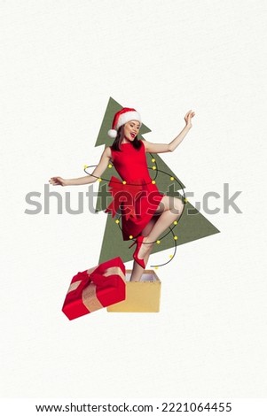 Greeting card poster collage of beautiful lady dancer enjoying eve occasion on fir evergreen tree gift box