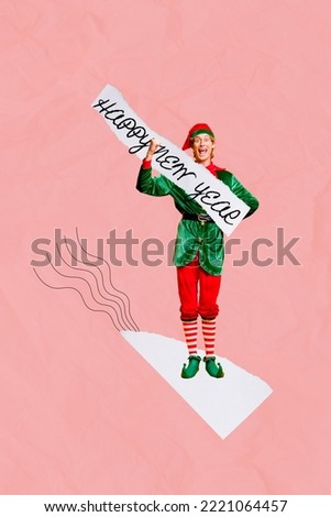 Image picture collage of funny funky man in elf costume hold paper with happy new year text advertise discounts