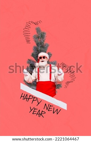 Poster invitation collage of funky father christmas choose pine tree for eve new year event on red pink color background