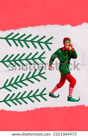 Advert collage picture of fun elf guy walk fast season christmas time ads concept on red white decor background