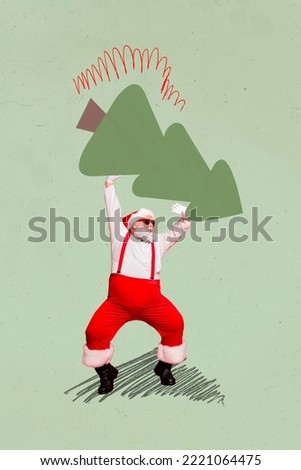 Magic banner poster collage of funny funky grandfather in santa costume feel strong carry spruce tree for christmas party