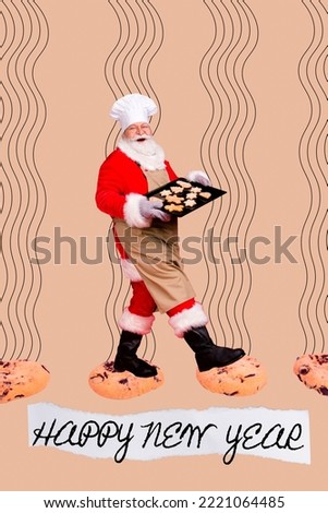 Invitation brochure collage of santa claus walk bake homemade tasty yummy cookies on tray happy new year concept