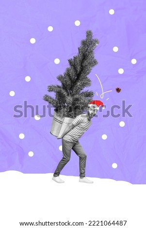 Collage photo of excited santa claus helper guy hold big evergreen christmas tree shocked snowing weather isolated on blue color background