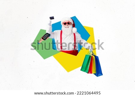 Collage photo of cool grandfather saint nicholas beard wear hat shopping new year hold bags wireless payment isolated on white color background