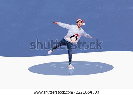 Collage photo of youngster santa claus helper guy wear stylish ugly sweater pinguin ice figure skatin santa winter isolated on blue color background