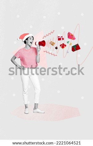 Creative festive advert collage of woman in santa claus headwear share seasonal christmas giftbox on grey background
