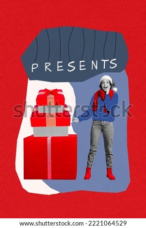 Collage advert of amazed lady in santa claus hat impressed seasonal new year discounts gifts on red color background