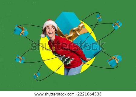 Invitation card collage of christmas commercial lady santa deliver big dream x mas package on green color background