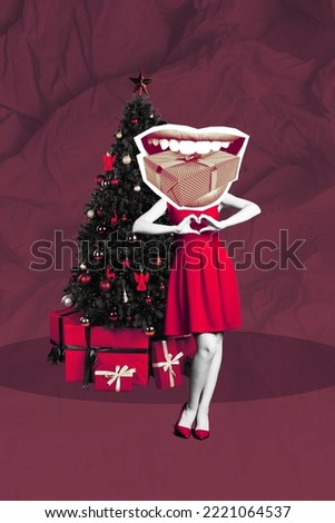 Greeting card collage of beautiful lady hold gift box enjoying christmas occasion on red color background