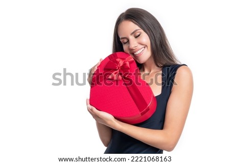 happy woman and valentines present box. elegant woman at valentines day hold present.