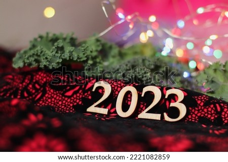 new year picture on red background numbers 2023 and kale leaves in the background selective focus
