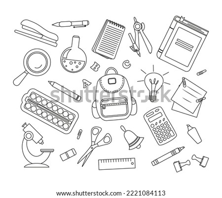 Set of school supplies or stationery with contour lines on white background. Set of drawings of accessories for lessons, items for education. Monochrome vector illustration.