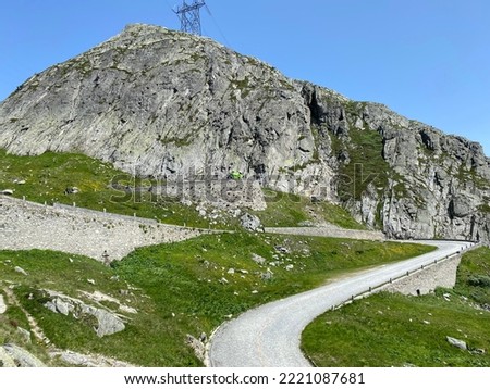 Mountain road crossing St. Gotthard Pass (Gotthardpass or Passo del Sao Gottardo) in the Swiss Alps, Airolo - Canton of Ticino (Tessin), Switzerland (Schweiz)