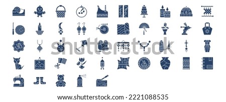 Collection of icons related to Handmade craft, including icons like Basket, Beadwork, Candles, Cap and more. vector illustrations, Pixel Perfect set