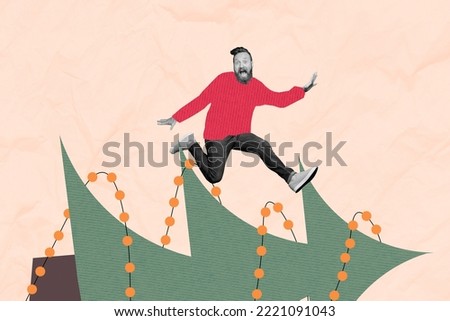 Banner invitation postcard collage of funny funky guy jumping dancing christmas dance on pastel color background
