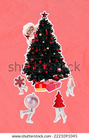 Invitation image collage of big christmas tree decorated with festive ornaments on red color background