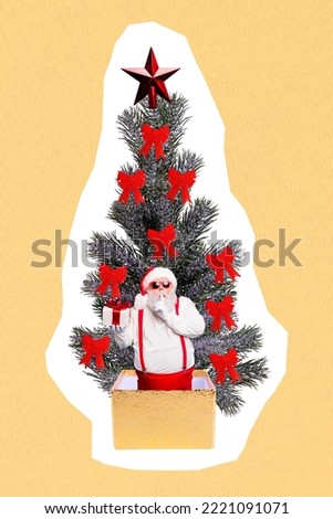 Greeting card collage of funny funky santa claus in open gift box hold presents christmas season discounts concept