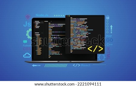Concept of computer programming or developing software. Laptop computer with code on screen and design elements. Python, CSS, HTML, GO, PHP, React, C++ computer language.  Royalty-Free Stock Photo #2221094111