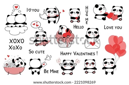 Baby panda valentines day set vector illustration. Cute panda bear collection with red hearts. Hand drawn doodle clip art elements and phrases isolated on white background. Flat style