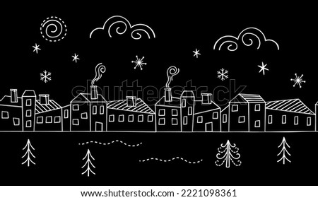 City street graphic design.Houses with windows and roofs drawn with a white line, snowflakes, clouds, firs, moon.Black background.Vector seamless border of stylized elements.Winter holyday concept.