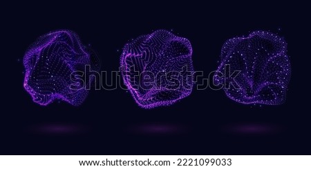 Set of purple particle spheres and wavy lines, fluid geometric shapes. Light dots. Technology and science abstract illustration. Spheres of dots particles Royalty-Free Stock Photo #2221099033