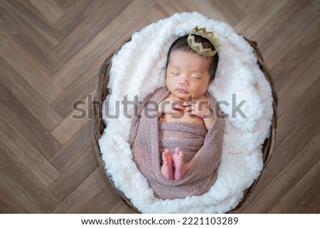 A newborn baby sleeping peacefully in a basket (newborn photo) Royalty-Free Stock Photo #2221103289